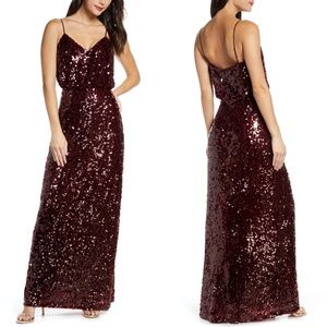 NEW WAYF Burgundy SEQUIN The Savannah BLOUSON Pailette EVENING Dress GOWN